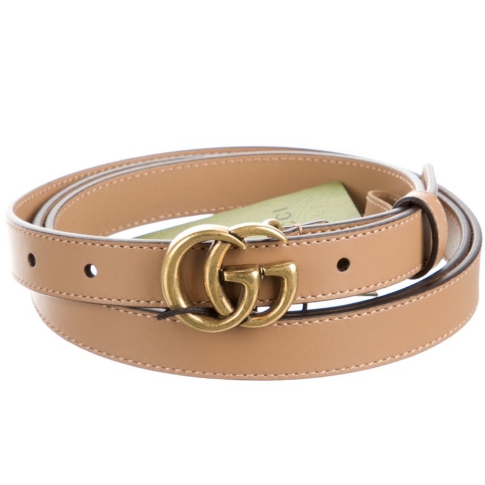 Gucci Tan Leather Skinny Belt with Antique Gold Buckle 4XL
